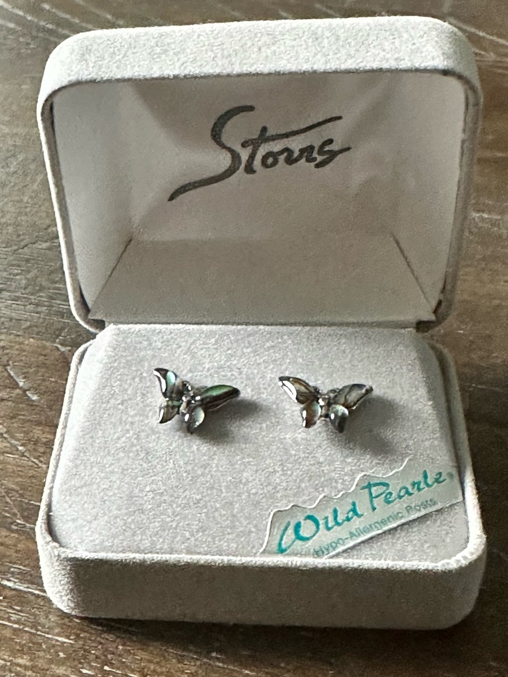 NWT Storrs Wild Pearlz Hypoallergenic Silver & Abalone Butterfly Earrings
